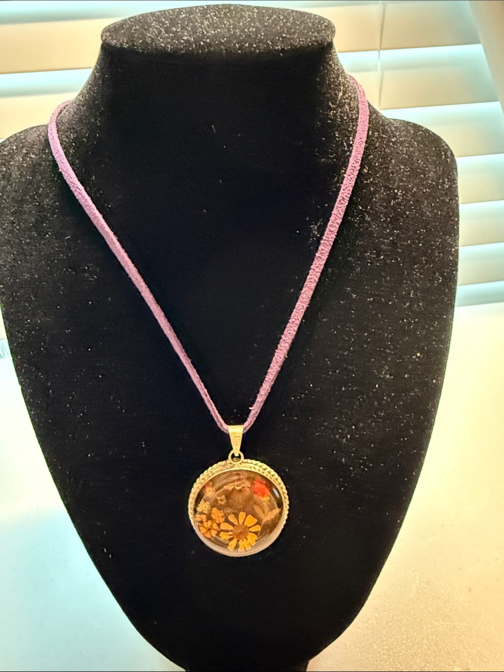 Vintage Real pressed flower pendant with purple cord